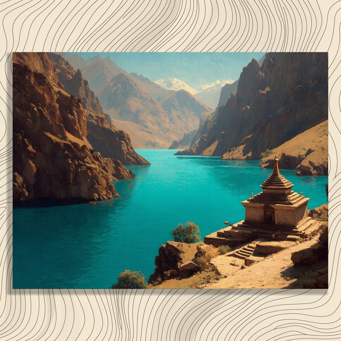 Himalayan Turquoise Lake Stupa Poster Snow Peaks Mountain Shrine