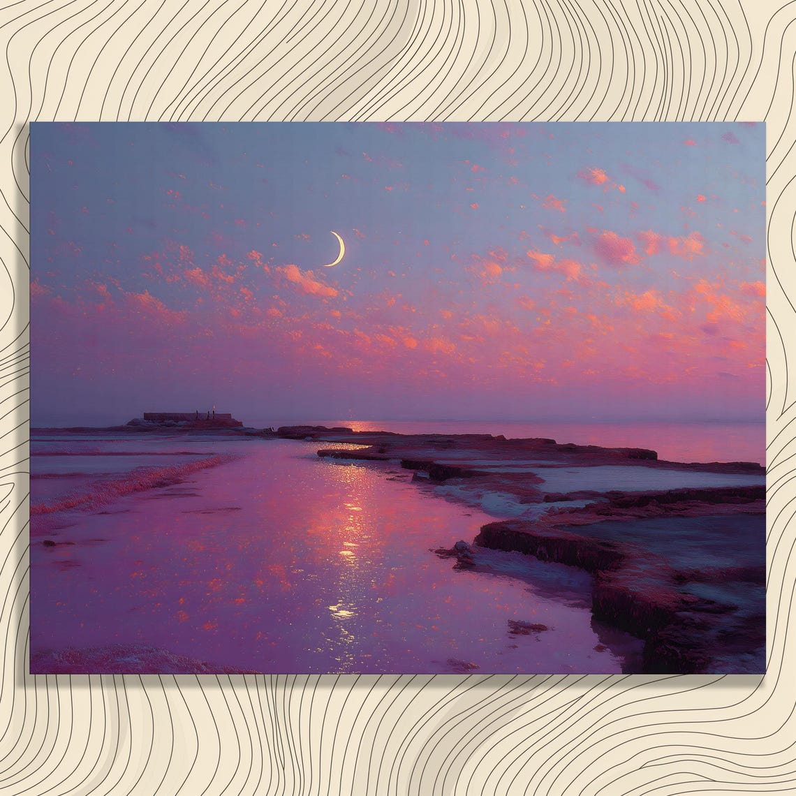 Crescent Moon Over Pink Sunset Ocean Seascape Coastal Art Poster