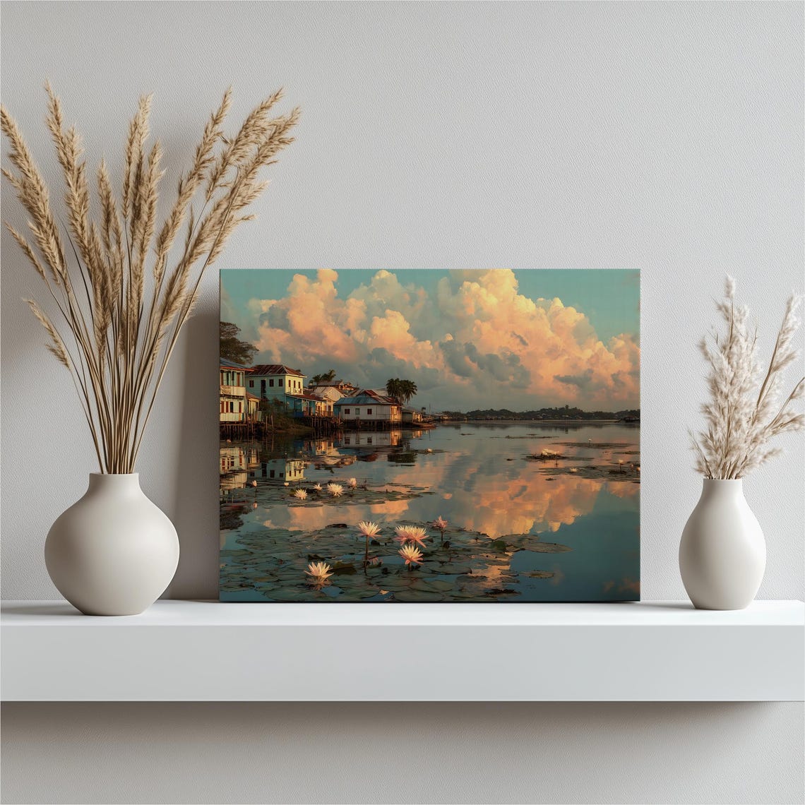 Tropical Sunset Water Lily Riverside Stilt Houses Village Poster