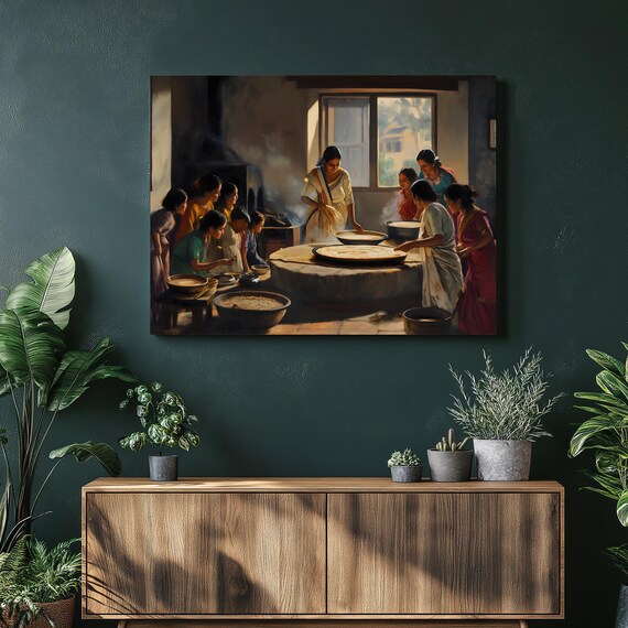 Indian Women Making Fresh Roti in a Traditional Rustic Kitchen Poster
