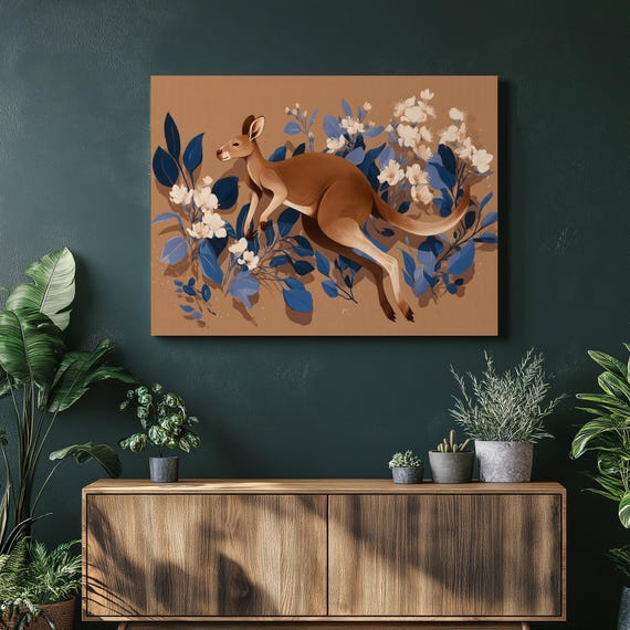 Australian Kangaroo Canvas Wall Art Rustic Floral Blue Brown Animal Decor Print Botanical Wildlife Illustration Nature Lover Gift