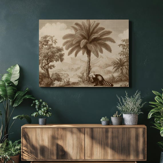 Raccoon Tropical Landscape Canvas Wall Art Vintage Engraving Palm Tree Sepia Wildlife Print Nature Decor Rainforest