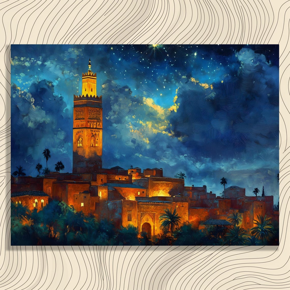 Koutoubia Mosque Marrakech Night Starry Sky Cityscape Art Poster