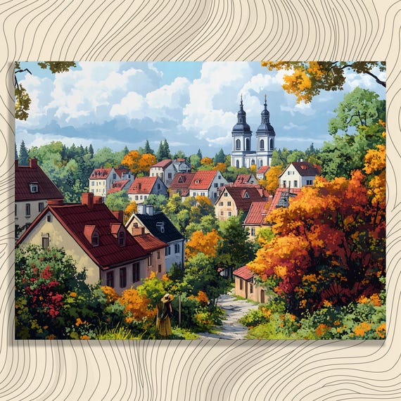 Autumn Village Canvas Wall Art Vintage Farmhouse Foliage Scene Print With Church Landscape Pathway And Fall Color Nature Decor