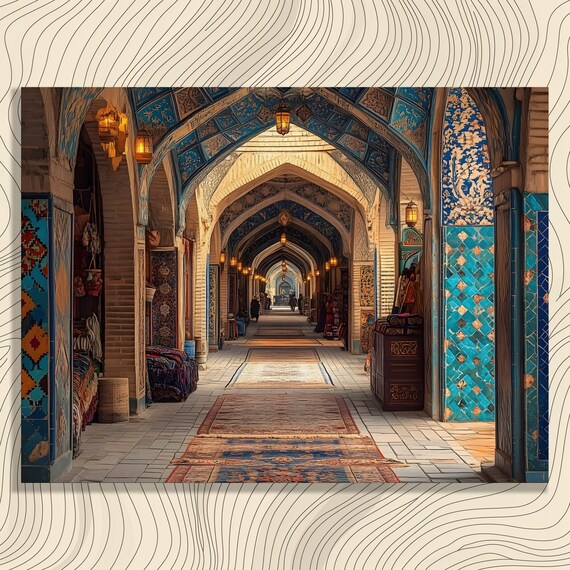 Historic Middle Eastern Bazaar Blue Tile Arcade Vibrant Art Poster
