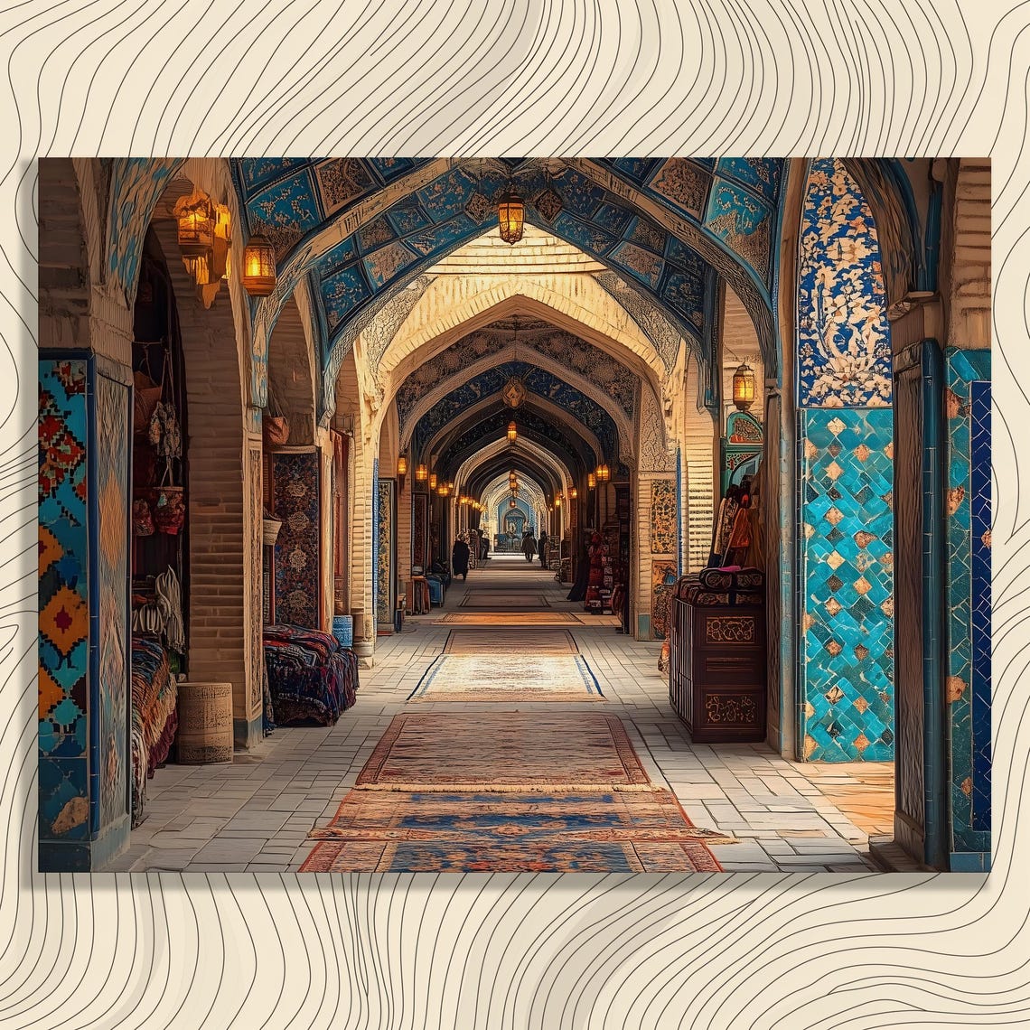 Historic Middle Eastern Bazaar Blue Tile Arcade Vibrant Art Poster