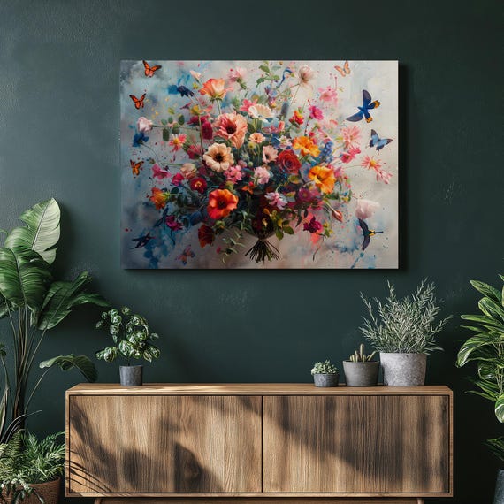 Butterflies Floral Bouquet Canvas Wall Art Vibrant Garden Flowers With Hummingbirds Splatter Painting Print Colorful Nature Decor