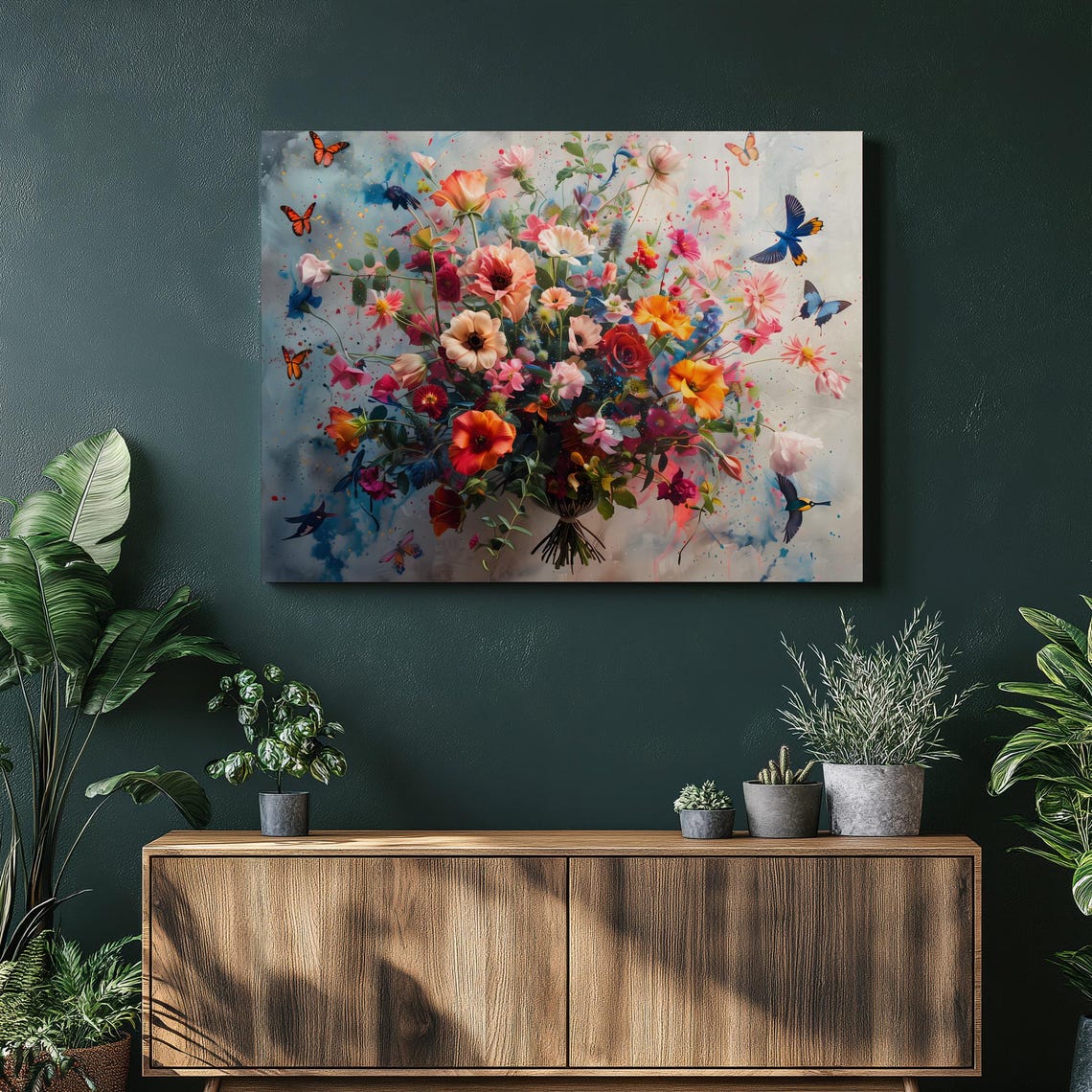 Vibrant Floral Bouquet With Butterflies Splatter Painted Garden Poster