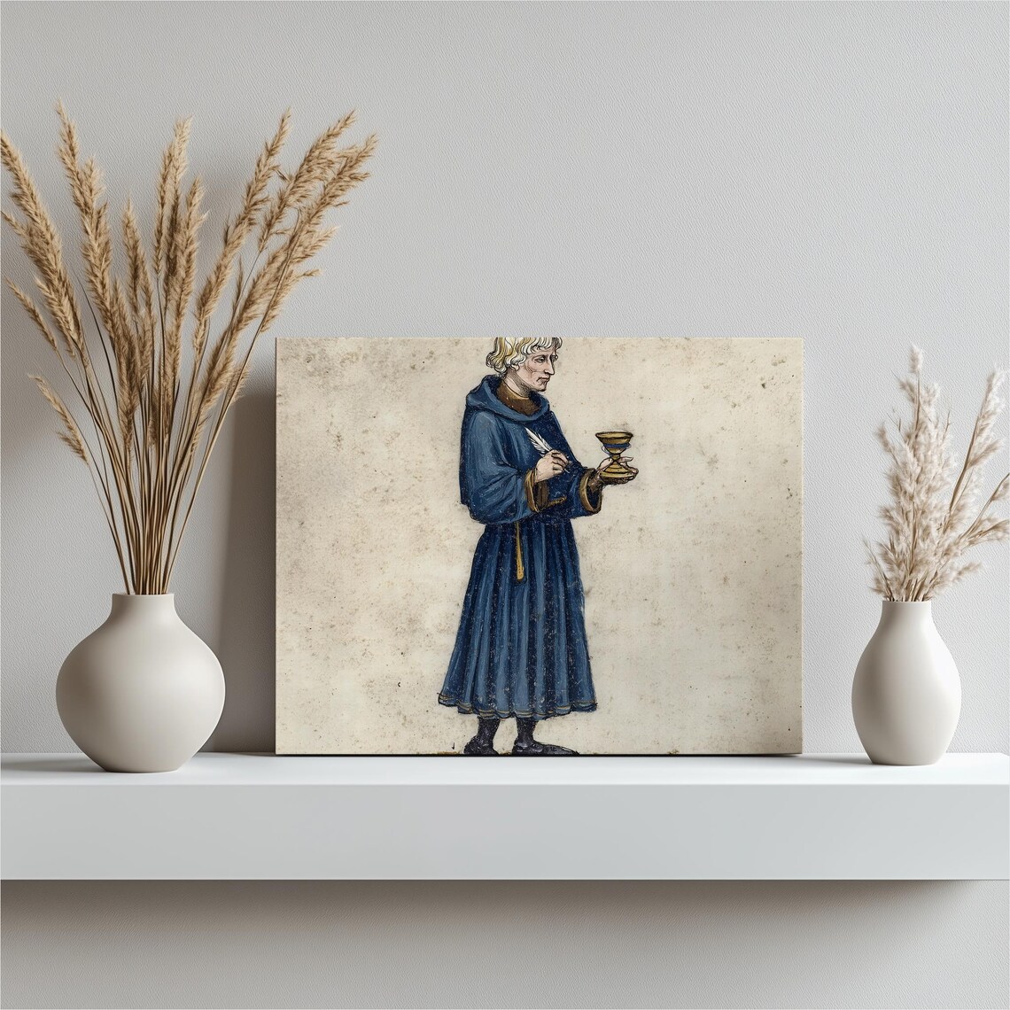 Antique Medieval Manuscript Figure Holding Chalice Vintage Art Poster