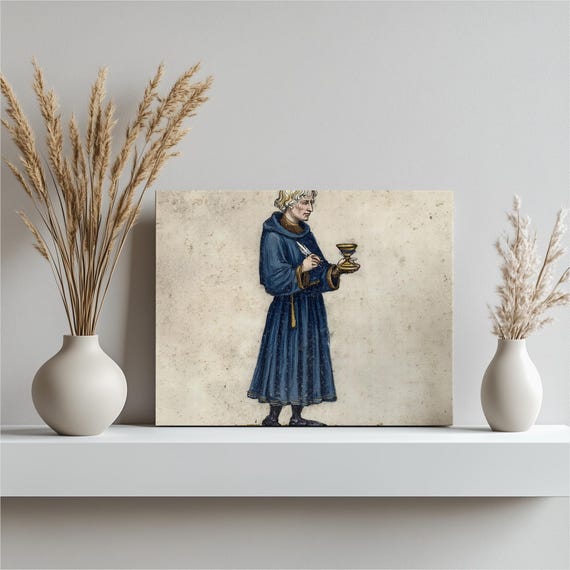 Medieval Monk Canvas Wall Art Monastic Figure Religious Illustration Historical Manuscript Print Vintage Decor Museum Reproduction