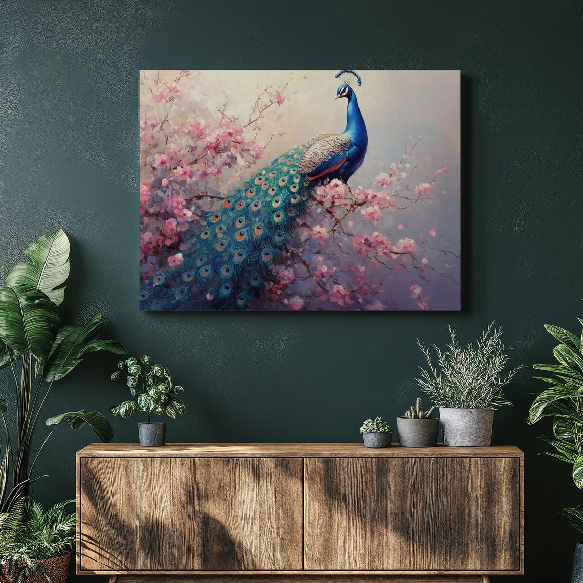 Majestic Blue Peacock Among Pink Cherry Blossoms Painterly Poster