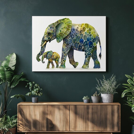 Elephant Mother Calf Mosaic Watercolor Safari Family Art Print