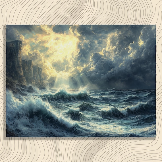 Stormy Sea Cliffs Dramatic Ocean Waves Canvas Wall Art Sunbeams