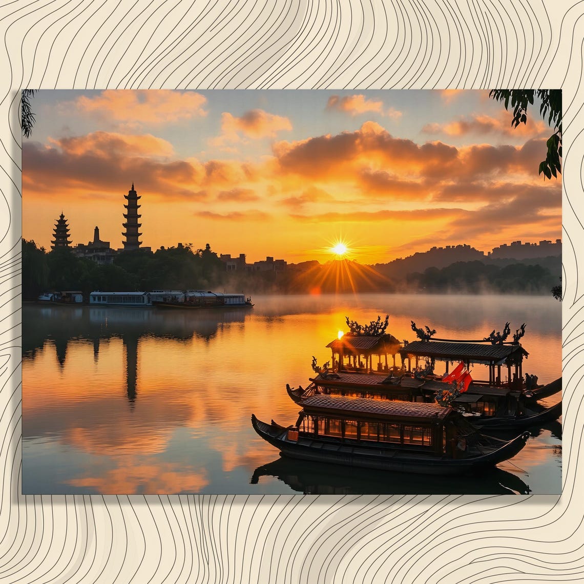 Sunrise Pagoda Lakeside Landscape Golden Morning Tranquil Poster