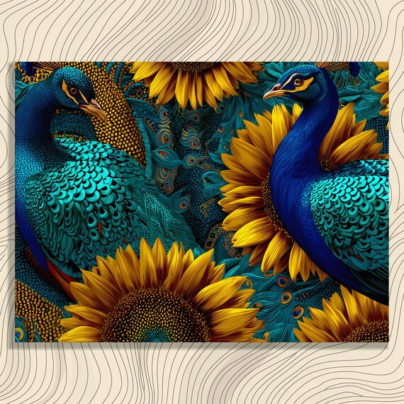 Peacock Sunflower Canvas Wall Art Colorful Nature Botanical Peacocks And Sunflowers Floral Illustrated Feathers Blooms