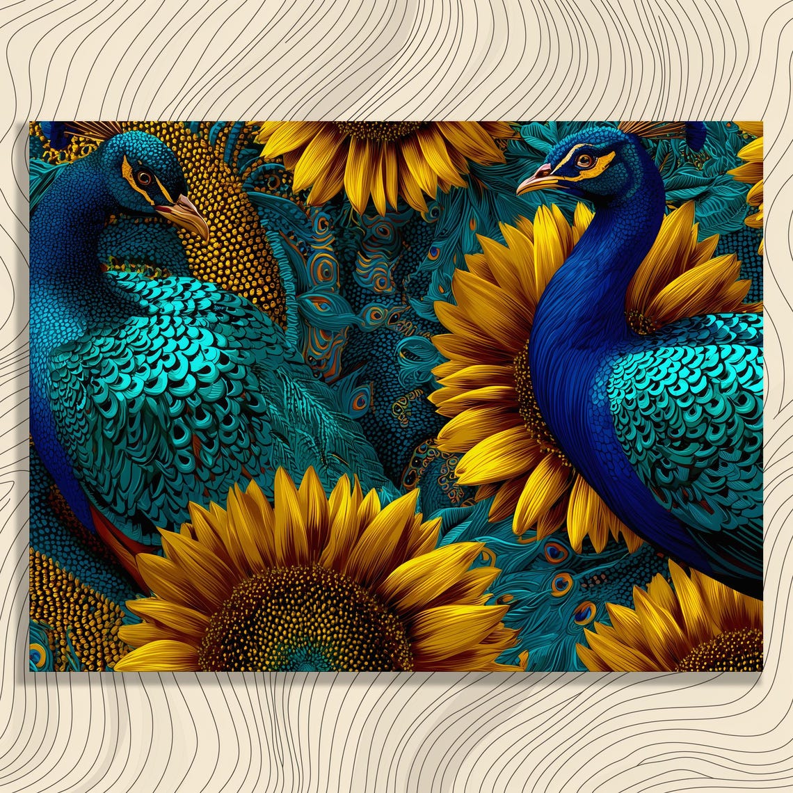 Peacock Pair Golden Sunflowers Teal Botanical Illustration Poster