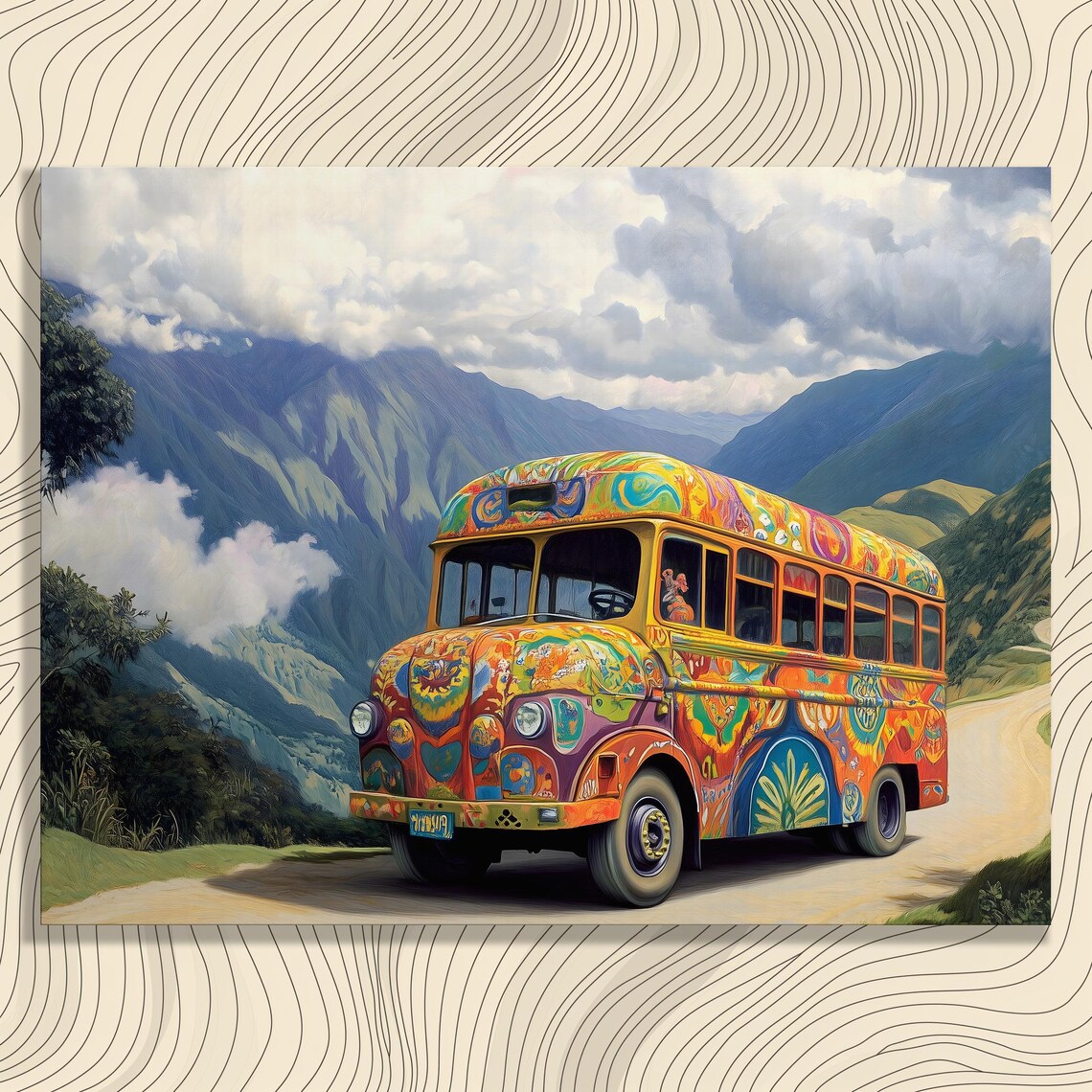 Colombian Chiva Bus Colorful Painted Mountain Road Folk Art Poster