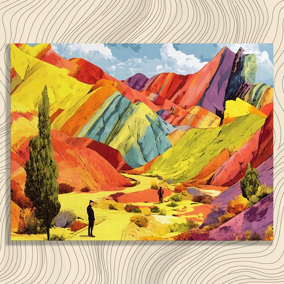 Rainbow Striped Mountains With Two Hikers Vibrant Travel Style Art Poster