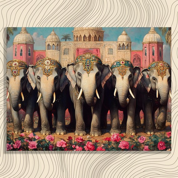 Elephant Procession Canvas Wall Art Royal Decorated Elephants Before Pink Palace With Roses Garden Ornate Architecture Print Exotic Decor