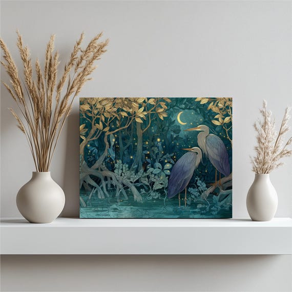 Moonlit Herons Tropical Canvas Wall Art Blue Heron Night In Mangrove Roots Glowing Fireflies Crescent Moon Wildlife Print Coastal Artwork