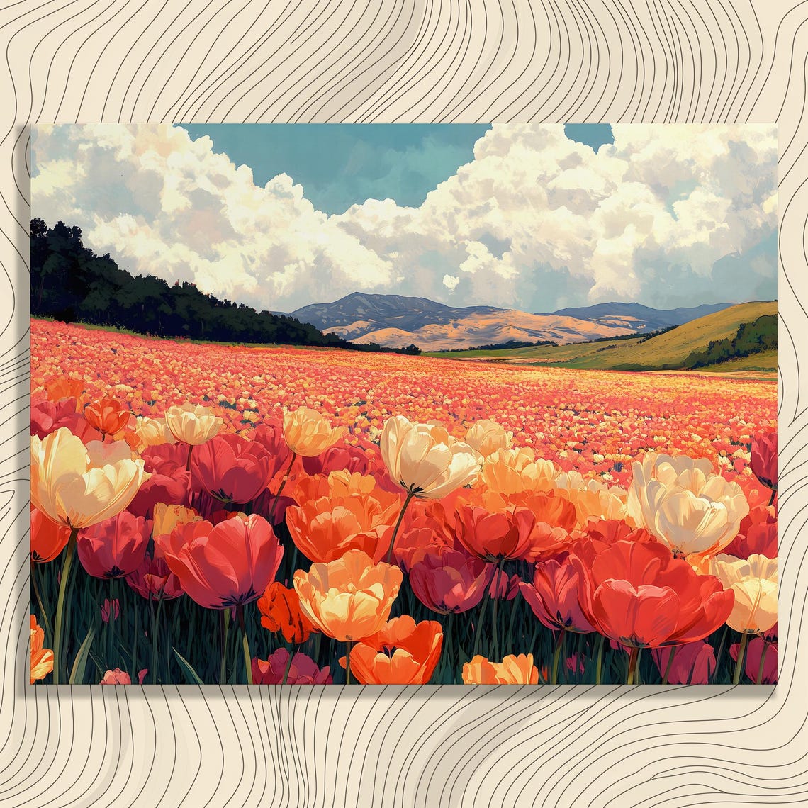 Panoramic Tulip Field Spring Blossoms Mountain View Wall Art
