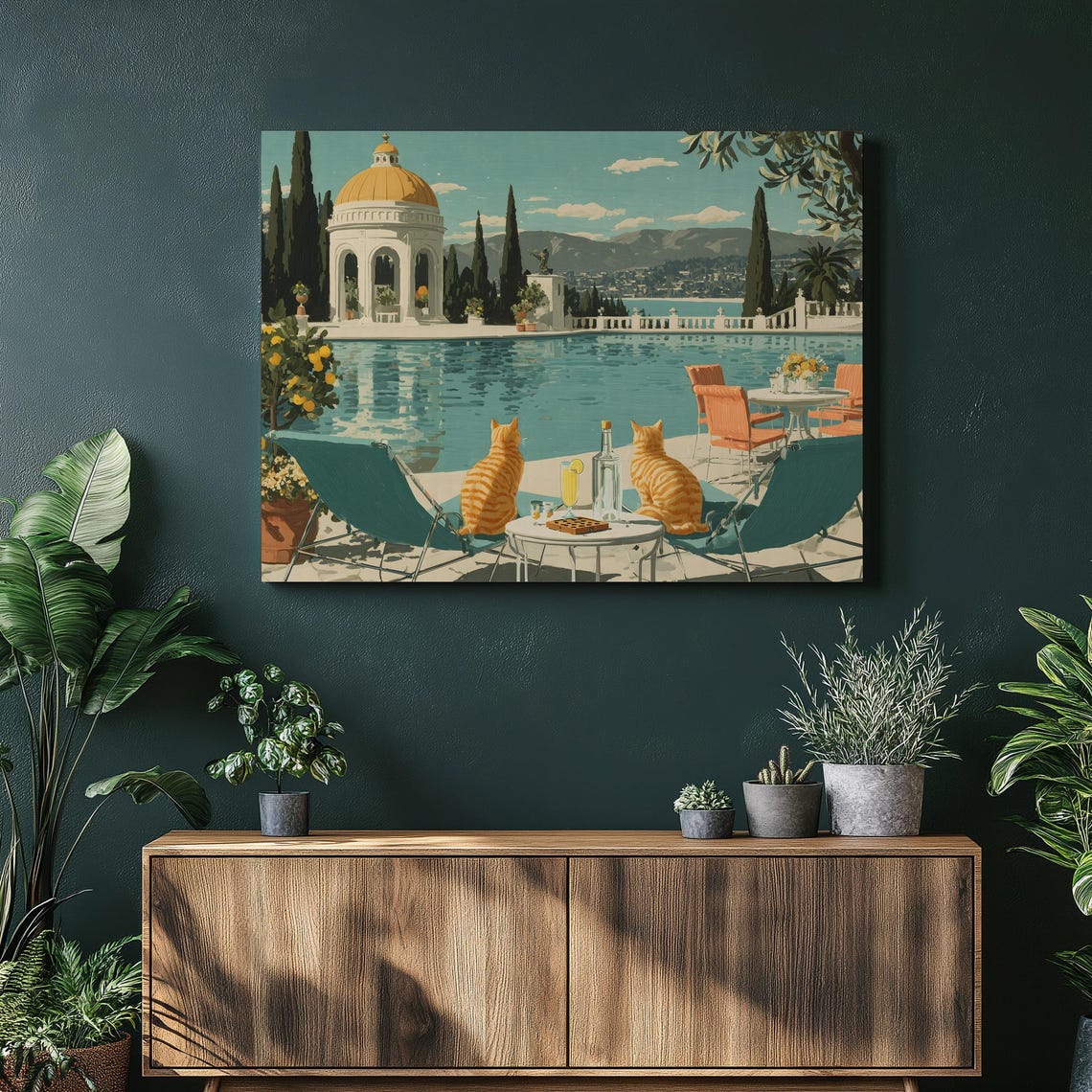Two Orange Cats by the Pool Riviera Villa Whimsical Cat Art Poster