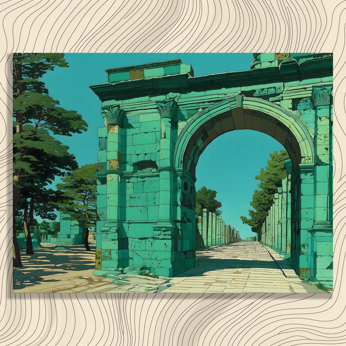 Ancient Stone Arch Roman Ruins Teal Illustration Travel Poster