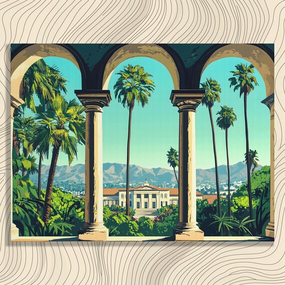 Palm Villa Through Stone Arches Scenic Vintage Travel Poster