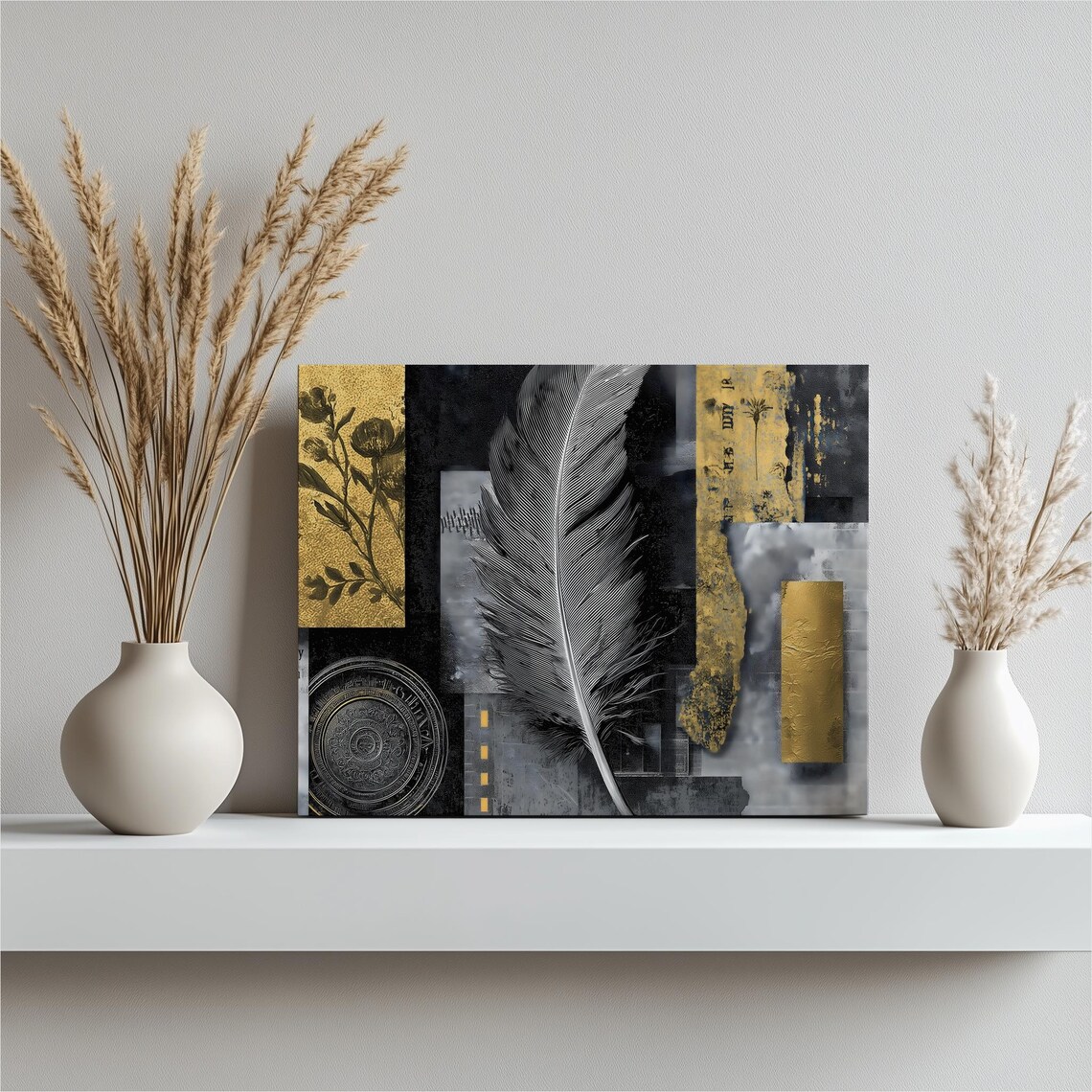 Abstract Feather Collage Canvas Wall Art Metallic Botanical Artwork Modern Decor Boho Print With Gold Leaf Texture Luxe Statement Piece