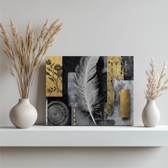 Abstract Feather Collage Poster Black Gold Metallic Botanical Motif