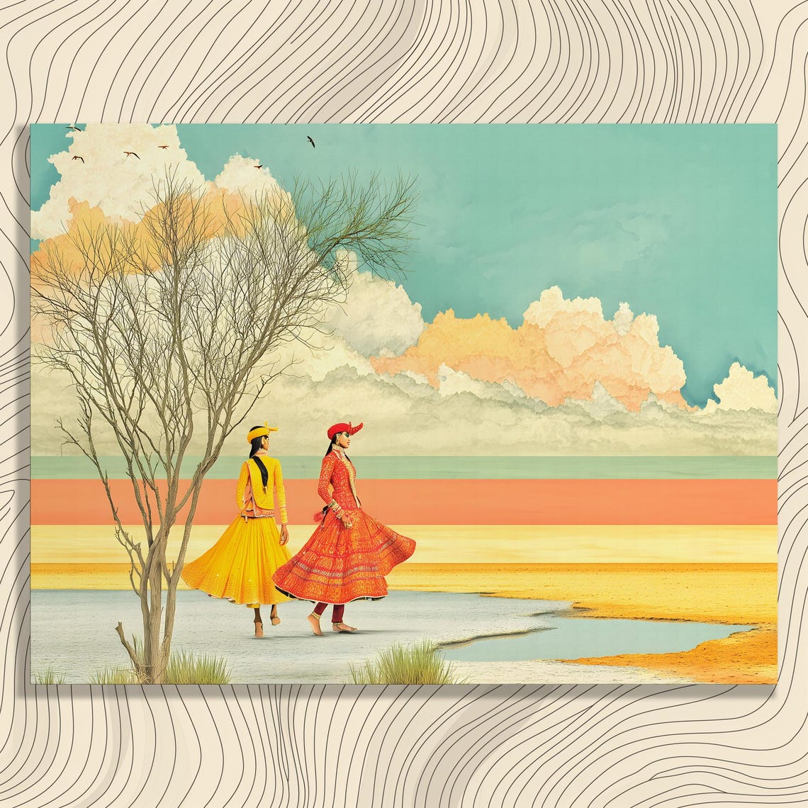 Surreal Desert Walkers Colorful Dresses Dreamy Landscape Art Print