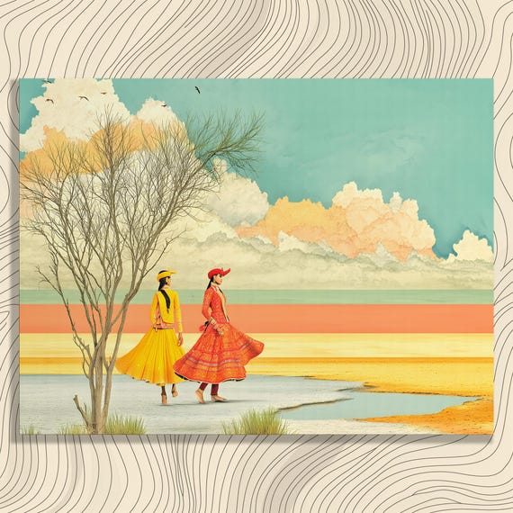 Surreal Desert Figures Canvas Wall Art Colorful Bohemian Print With Clouds And Vibrant Attire In Abstract Landscape Decor Painting Gift
