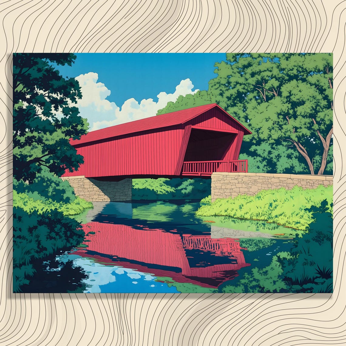 Red Covered Bridge Over Calm River Lush Green Summer Landscape Poster