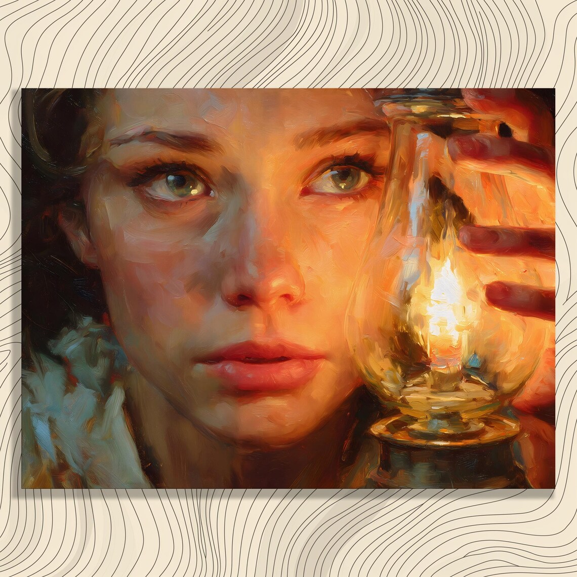 Woman Holding Lantern Candlelight Oil Portrait Warm Glow Art Poster