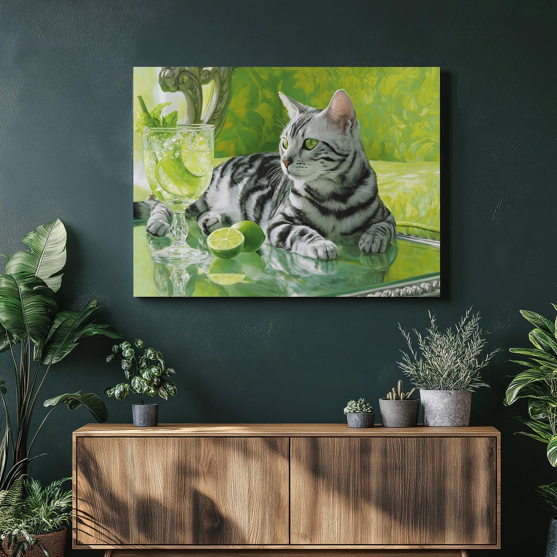Silver Tabby Cat with Mojito Cocktail Lime Green Boho Art Poster