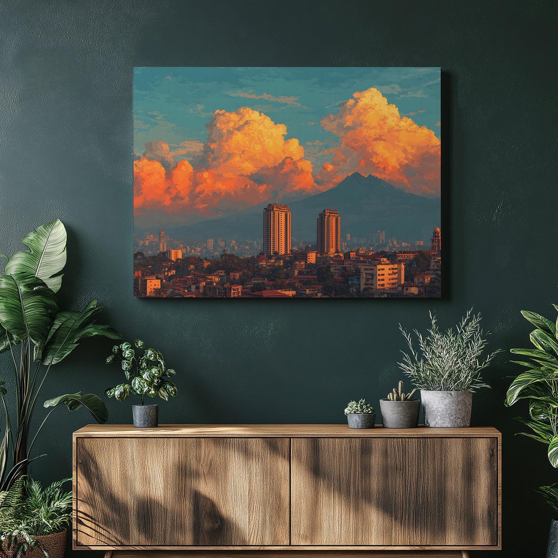 Vibrant Sunset City Skyline Volcano Mountain Cloudscape Poster