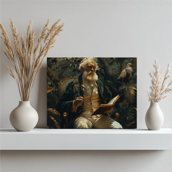 Charles Darwin Canvas Wall Art Lush Victorian Jungle Portrait Tropical Botanical Print For Study Office Business Decor