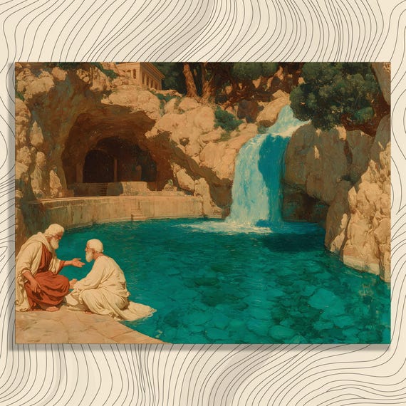 Biblical Waterfall Canvas Wall Art Serene Pool Cave Painting Religious Decor Spiritual Classical Realism