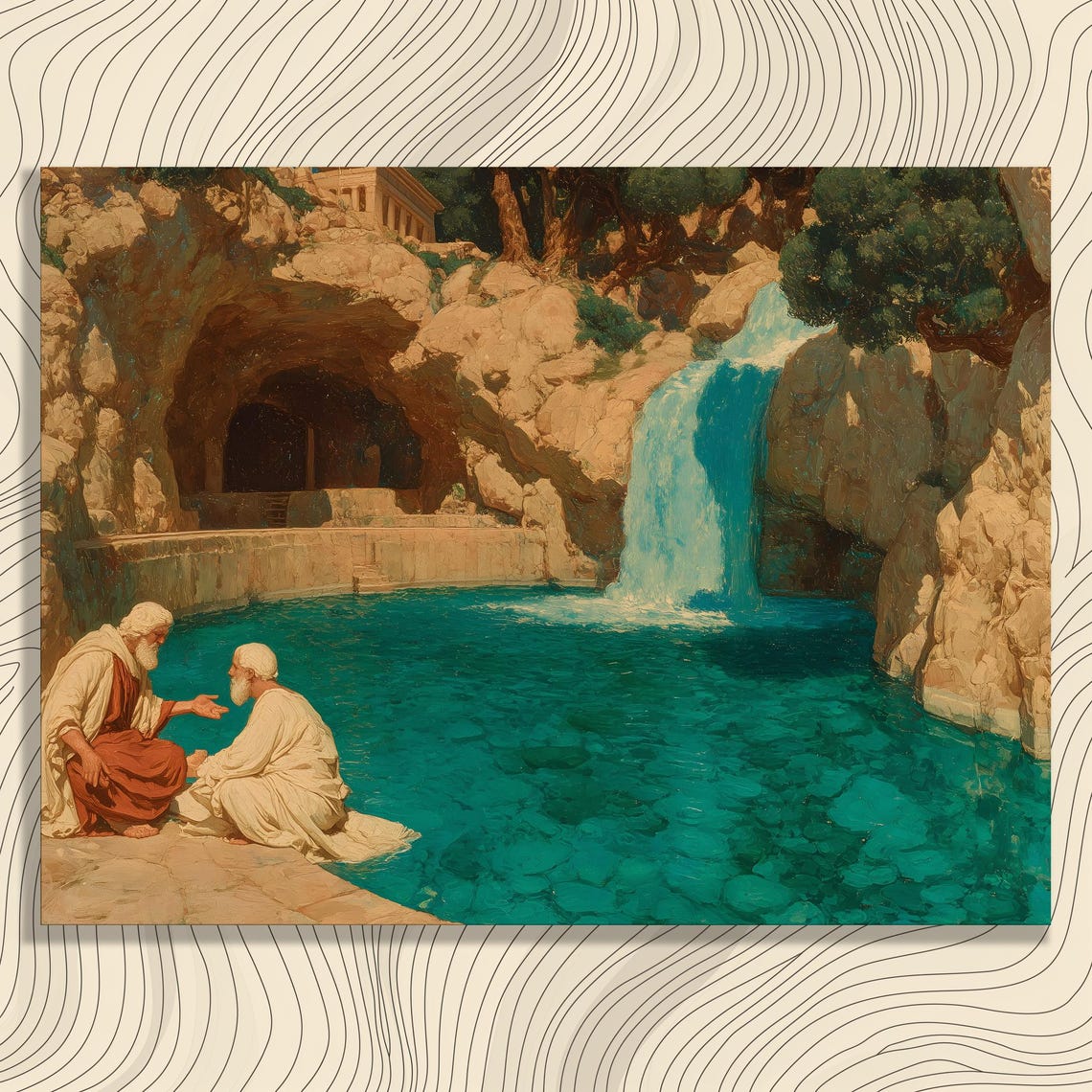 Biblical Waterfall Turquoise Pool Cave Two Apostles Classic Art Poster