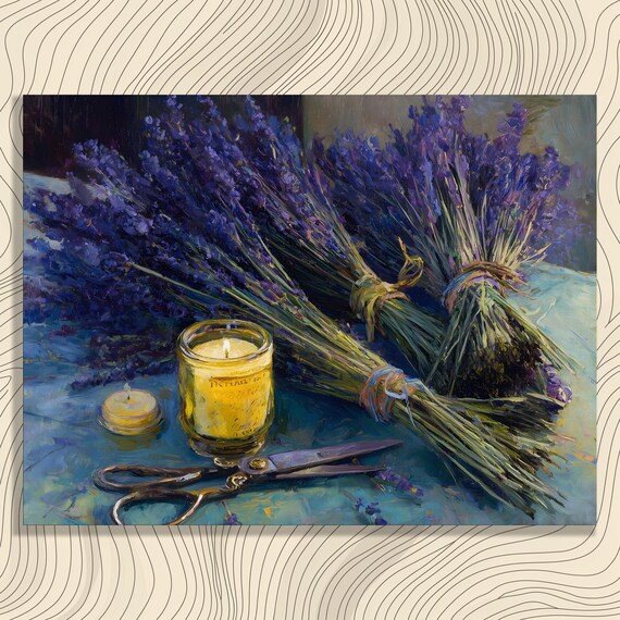 Lavender Bundles Still Life With Lit Candle Rustic Farmhouse Art Poster