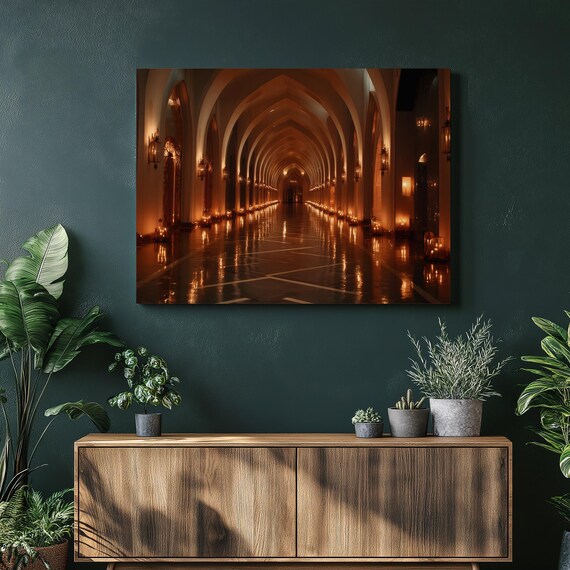Gothic Cathedral Corridor Candlelit Arches Reflection Hallway Poster