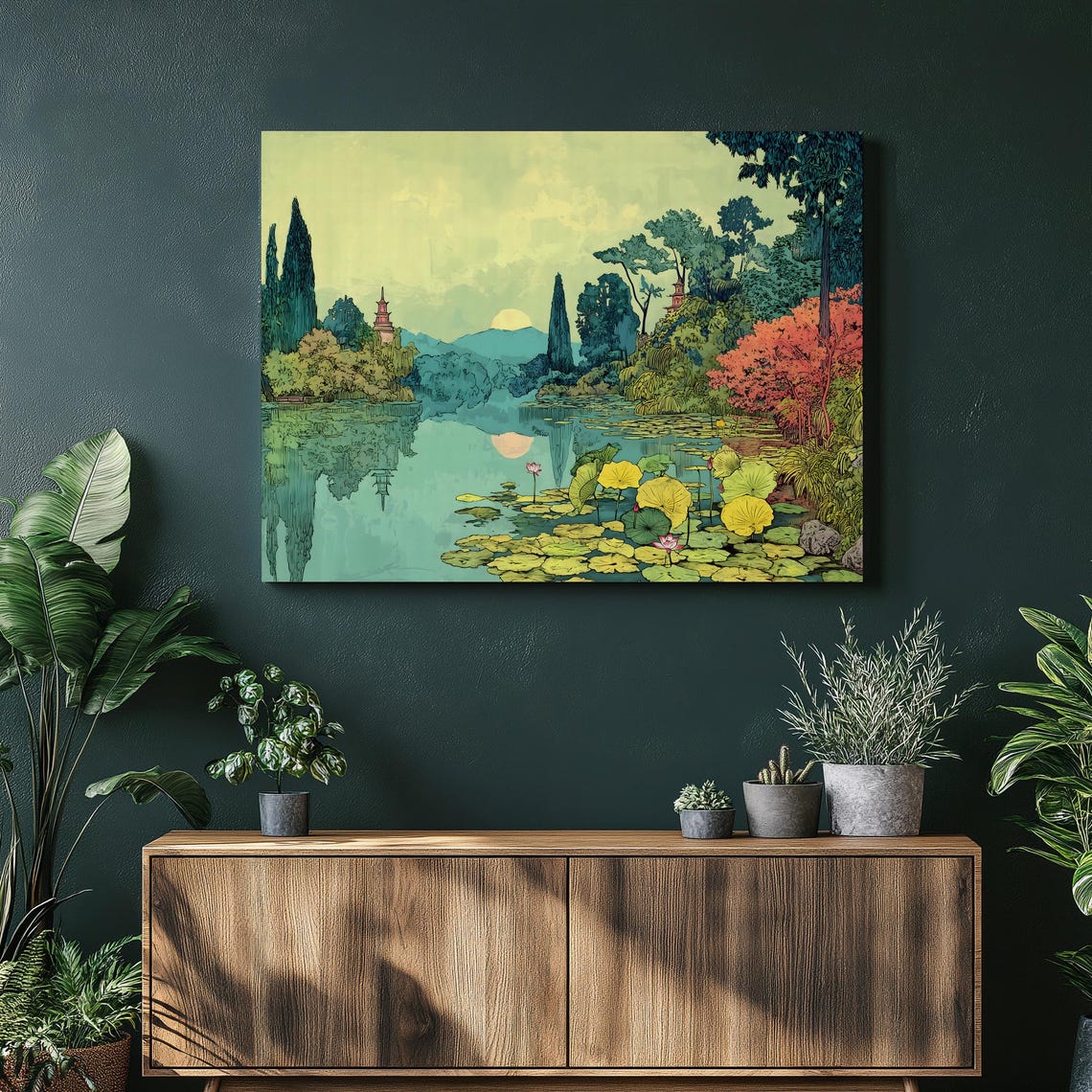 Moonlit Pagoda Lake Reflections Water Lily Pond Illustration Poster
