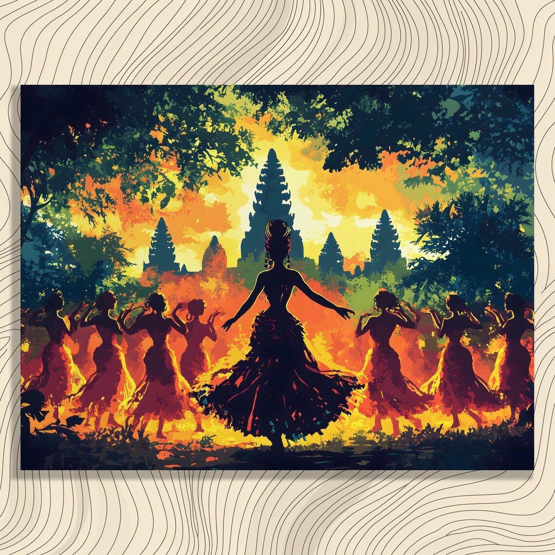 Balinese Dancers Silhouetted against Fiery Sunset by Ancient Temple Art Poster
