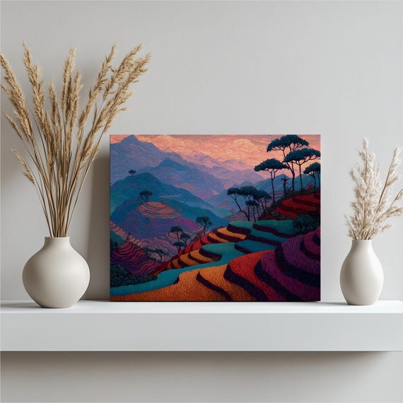Colorful Terraced Landscape Canvas Wall Art Vibrant Rice Terrace Scenery Layered Mountains Sunset Sky Modern Boho Style Decor Print