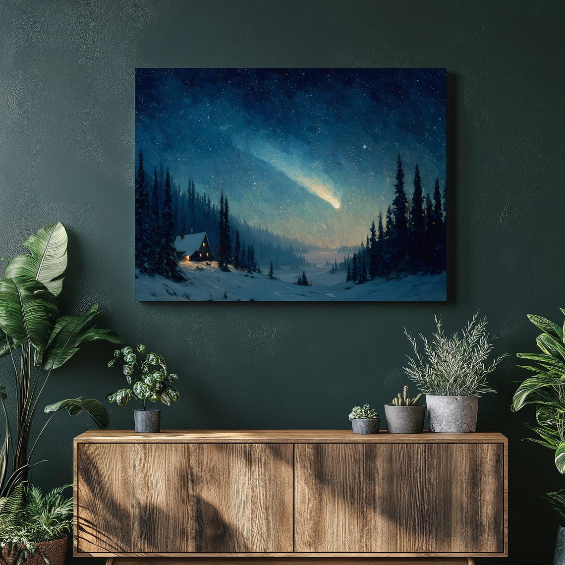 Snowy Cabin Comet Starry Night Winter Forest Poster Landscape