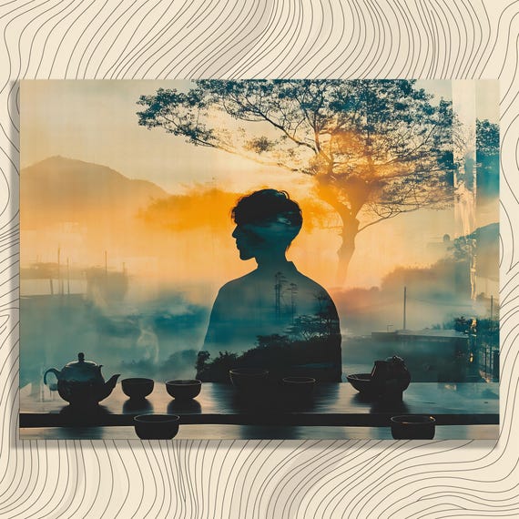 Silhouette Woman Canvas Wall Art Serene Sunset Landscape Print With Tea Set And Tree Reflection Modern Meditation Decor Nature Artwork