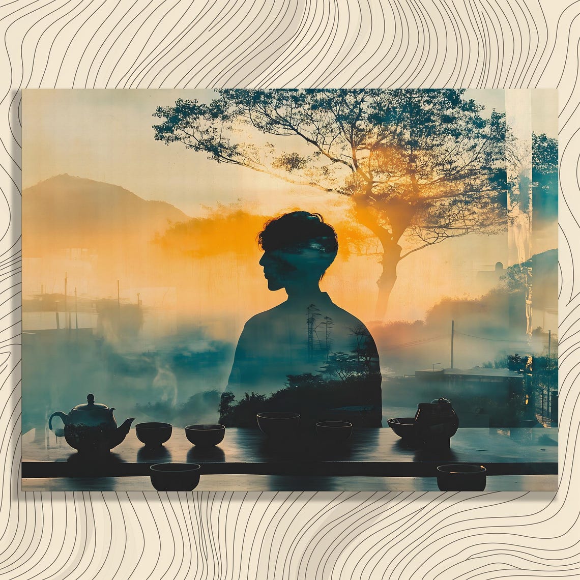 Silhouette Woman Canvas Wall Art Serene Sunset Landscape Print With Tea Set And Tree Reflection Modern Meditation Decor Nature Artwork