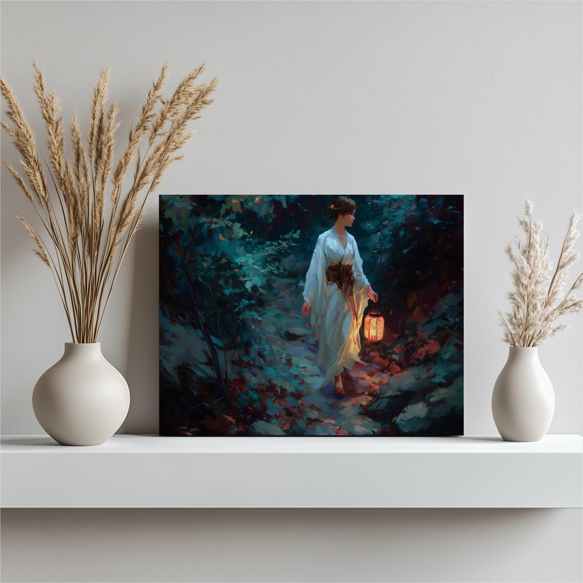Woman in White Kimono With Lantern Moonlit Forest Oil Poster