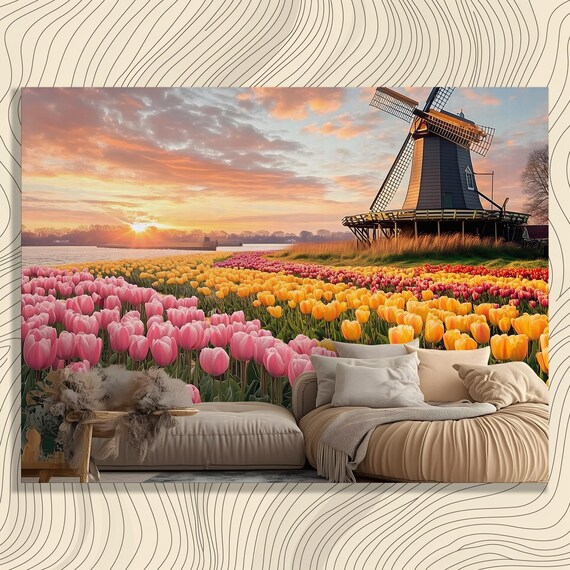 Dutch Windmill Tulip Fields Sunset Holland Countryside Wall Art