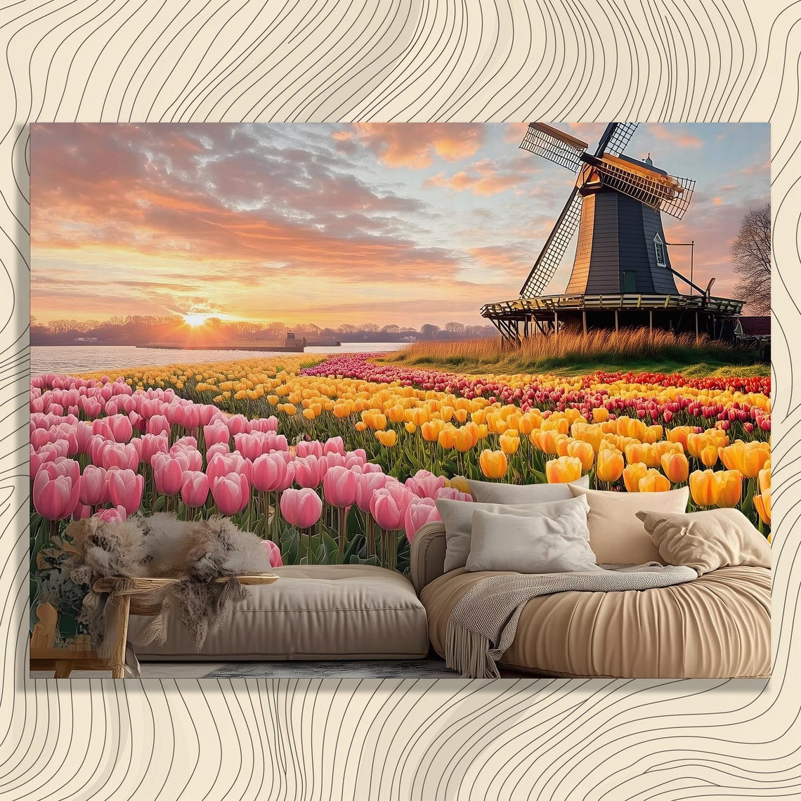 Dutch Windmill Tulip Fields Sunset Holland Countryside Wall Art